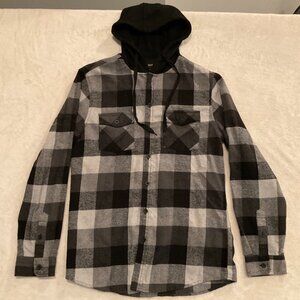 Revess Black and White Plaid Button Up Jacket with Hood Mens Size Medium